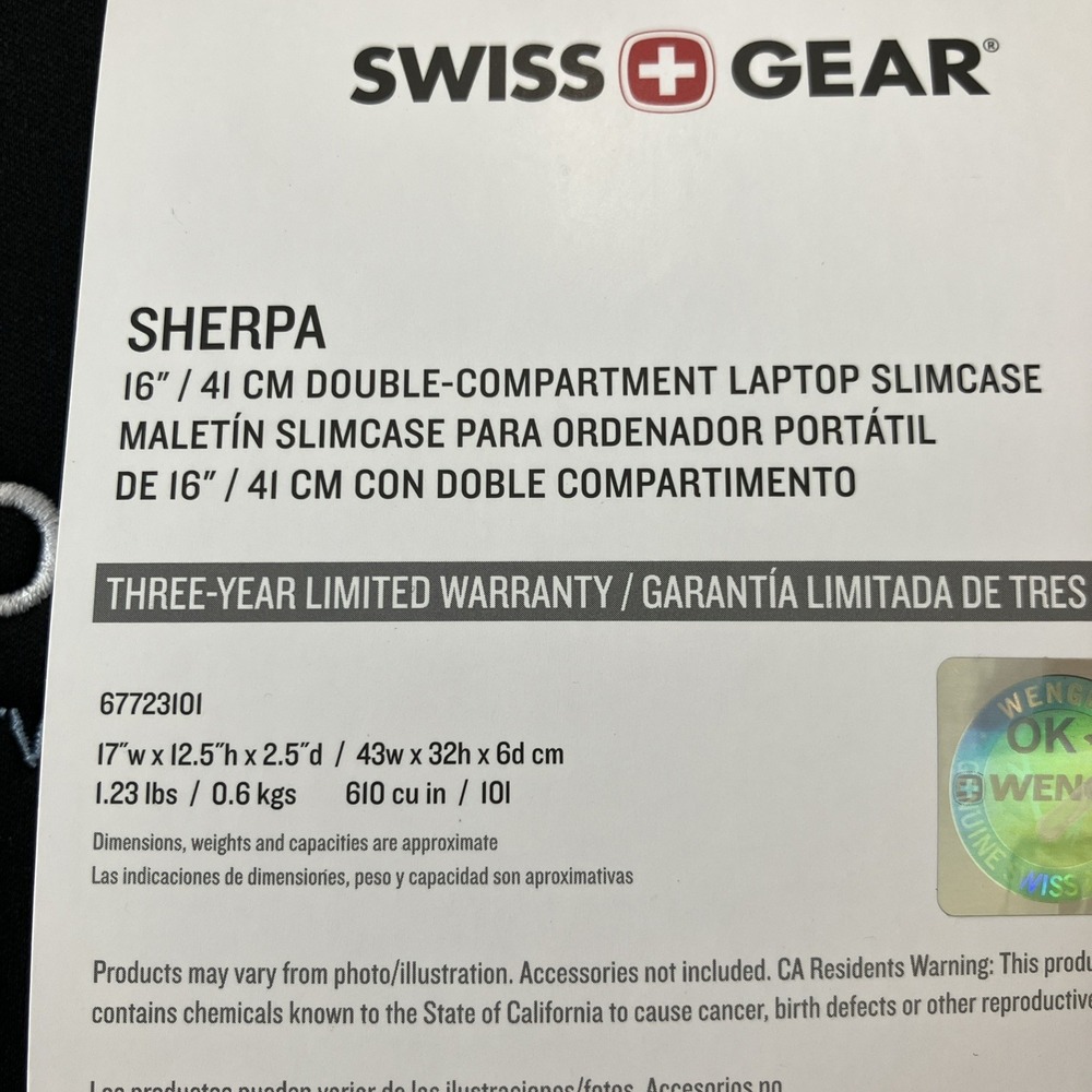 NWT Swissgear 16" Laptop Slimcase Double Compartment Black Brand Decal - Picture 11 of 11
